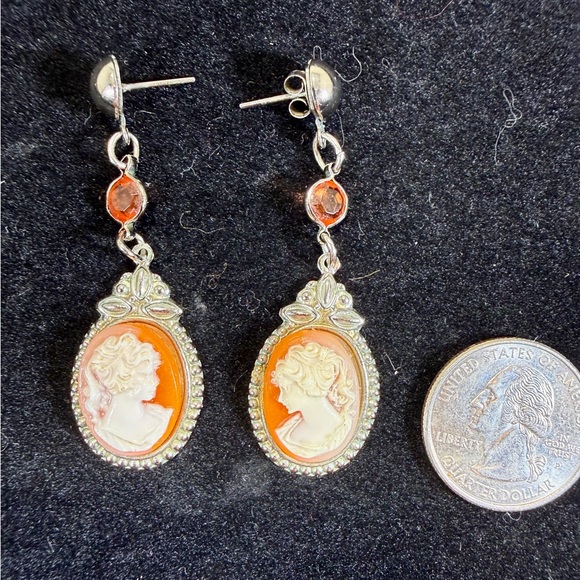 Silver and Orange tone Cameo style dangle Earrings - Picture 4 of 4